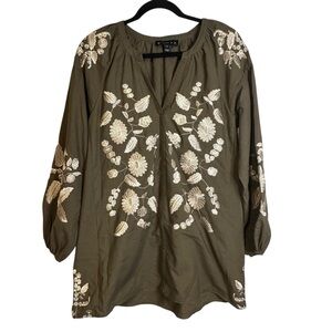 Anthropologie R.-Ya Olive Green Cream Embroidered Floral Peasant Top Boho Small